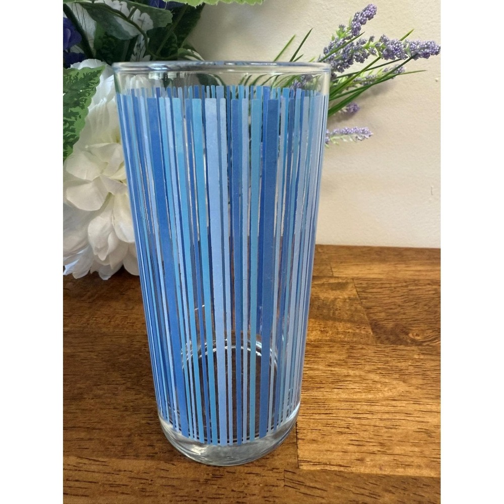 Vintage MCM Blue Collins Glass MCM Tall Striped Barware‎ Cocktail Glass